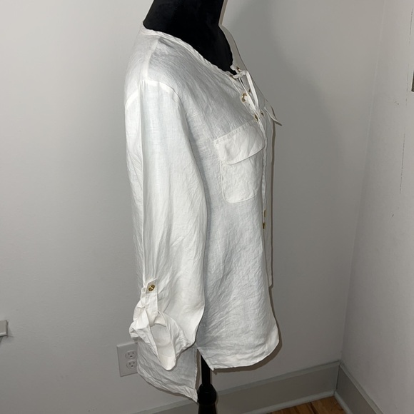 Ellen Tracy Company 100% Linen natural ivory tunic top Sz S lace up - Picture 8 of 11